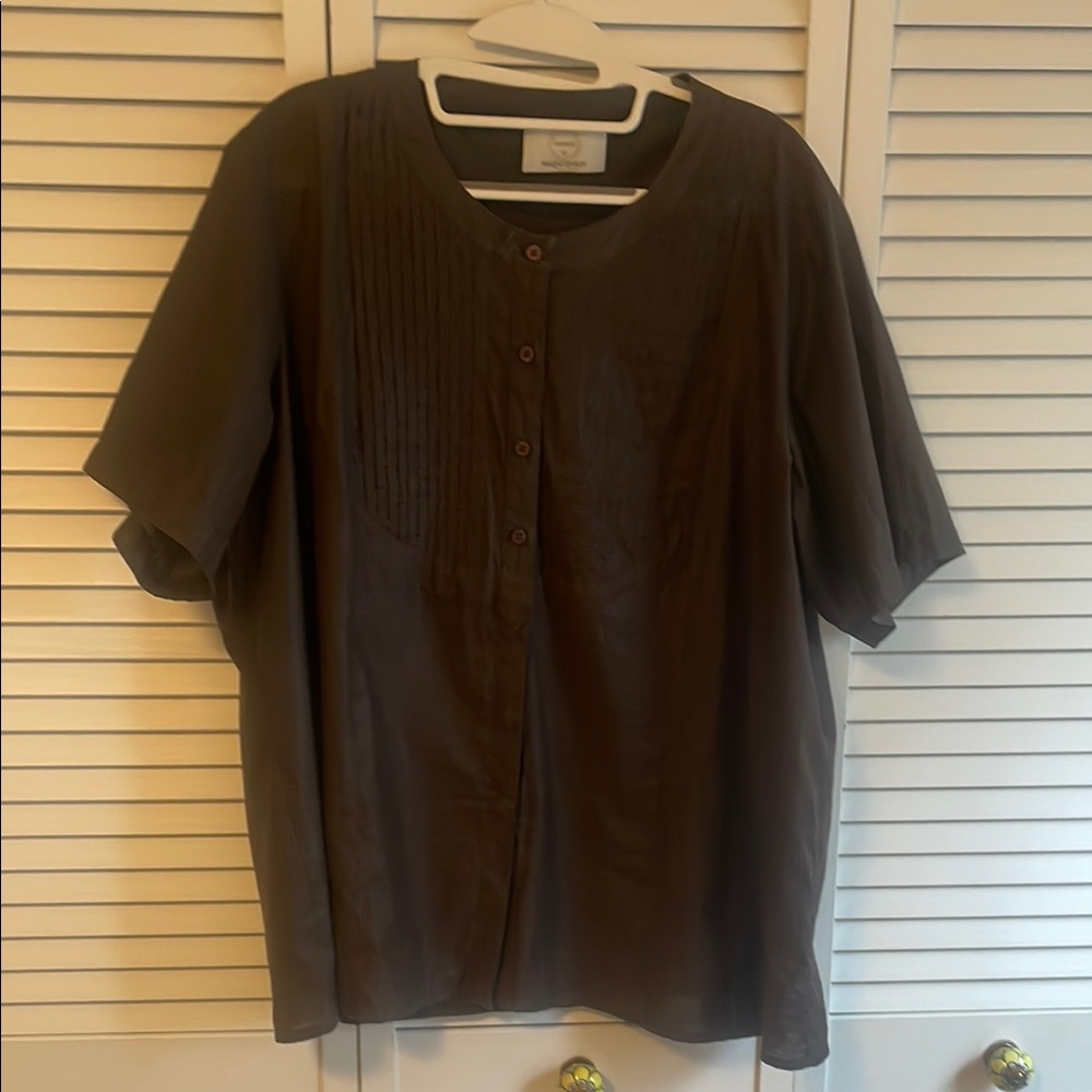 Voyage by Marina Rinaldi Brown cotton button up top with pleated placket